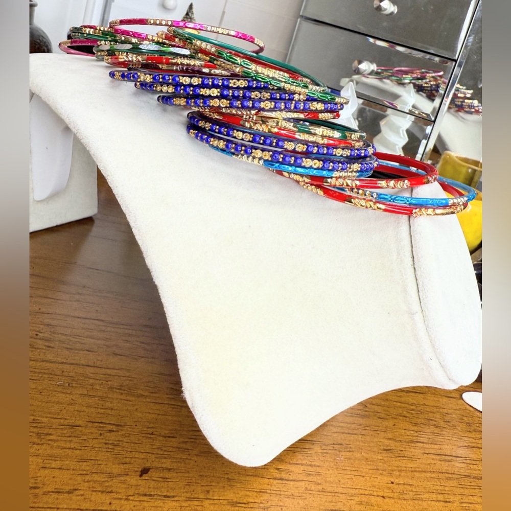 Set of Multicolor Enamel Bangles Gold Tone Bead Indian Bollywood Style Bracelets